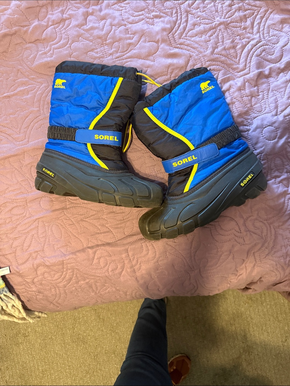 Sorel Youth Flurry Snow Boots Blue Black Yellow Size 6 Waterproof Winter